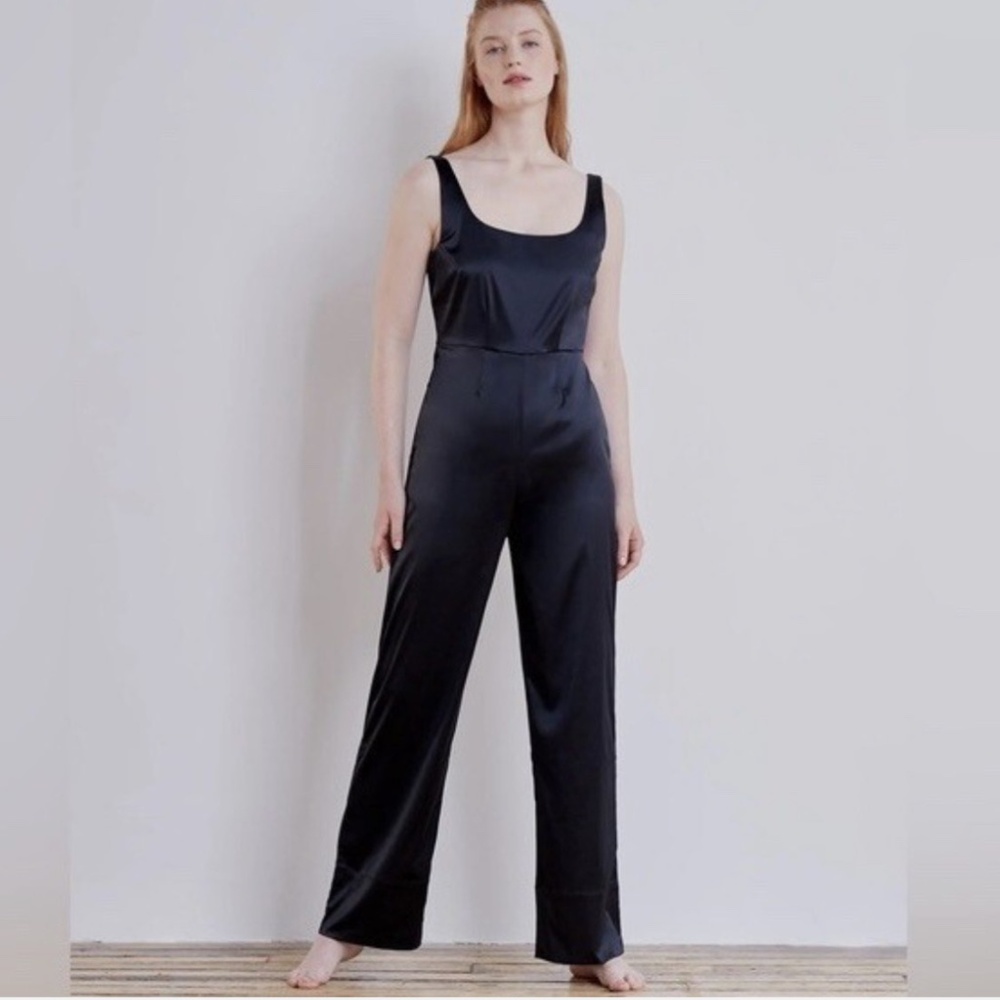 *Price Drop* NWOT ADAY midnight black stretch satin long haul jumpsuit - size M